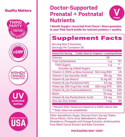 Pink Stork Fertility, Prenatal & Postnatal Gummy Vitamins, 60 Gummies | Full Motherhood Journey Support with Folate, B Vitamins, Zinc & Biotin, Postnatal Essentials, Assorted Fruit Flavours