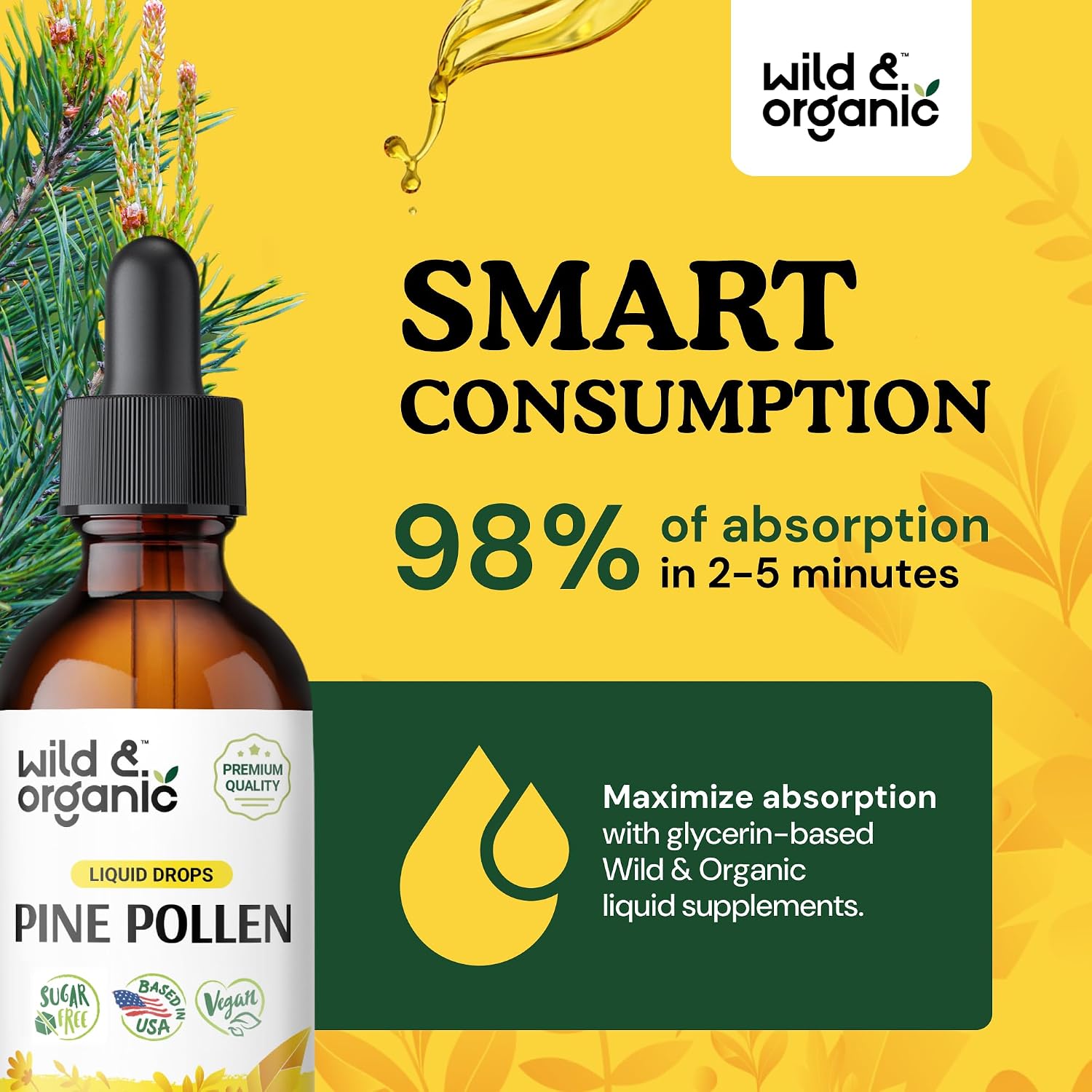 Wild & Organic Pine Pollen Tincture - Pine Pollen Extract Drops for Men & Women - Add to Tea & Drink - Pure Pinus Sylvestris Extract - Vegan, Sugar & Alcohol-Free Liquid Supplement - 2 fl oz (60 ml) - görsel 4