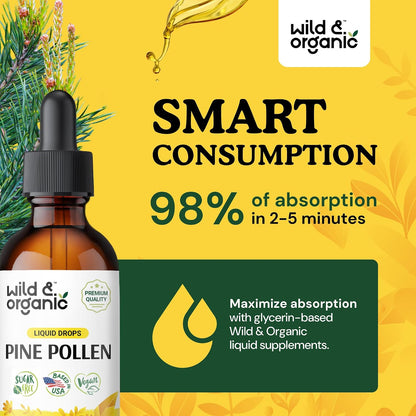 Wild & Organic Pine Pollen Tincture - Pine Pollen Extract Drops for Men & Women - Add to Tea & Drink - Pure Pinus Sylvestris Extract - Vegan, Sugar & Alcohol-Free Liquid Supplement - 2 fl oz (60 ml)