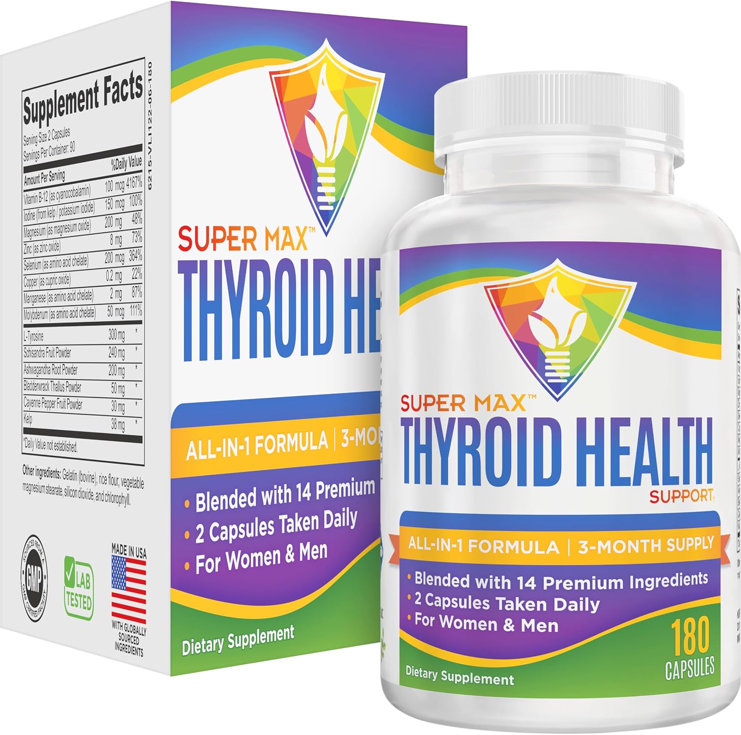 Thyroid Support Supplement – All-in-One with 14 Active Ingredients – 180 Capsules (3-Month Supply) - görsel 1