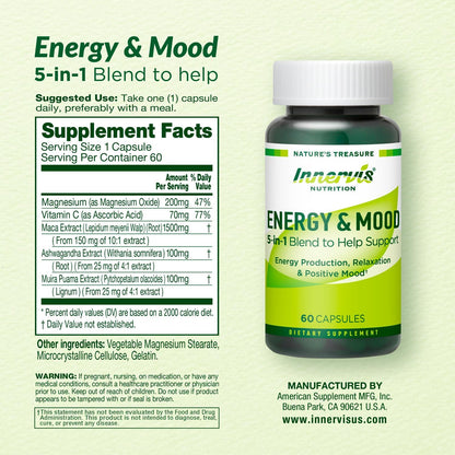 Caffeine-Free Natural Energy Boost with Ashwagandha, Maca & Magnesium – Support Stress Relief, Focus & Mood – 60 Capsules by Innervis Nutrition