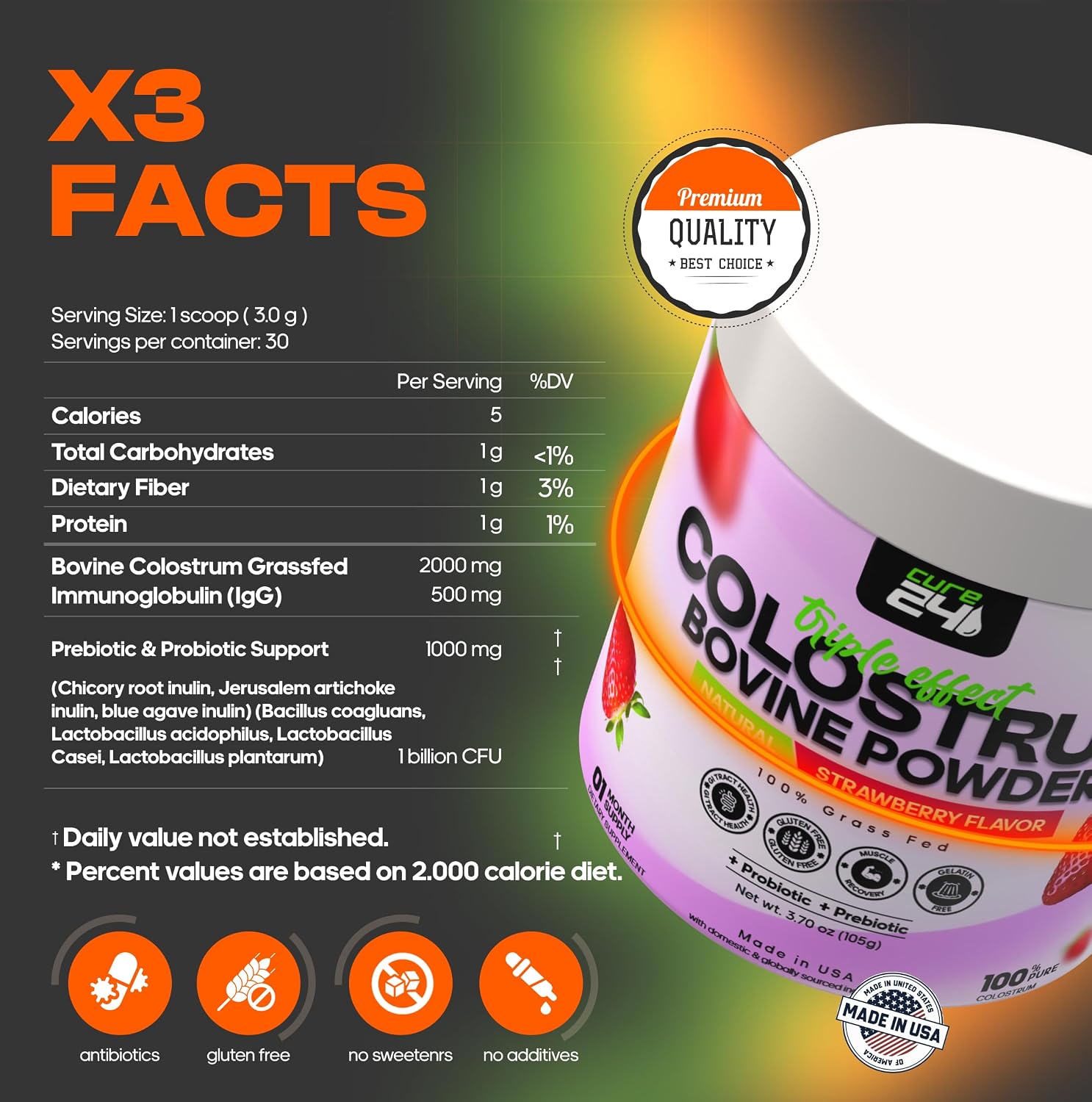 Cure24 Bovine Colostrum X3 Supplement Powder, 100% Pure Grass-Fed with Probiotics & Prebiotics – Unflavoured - görsel 2