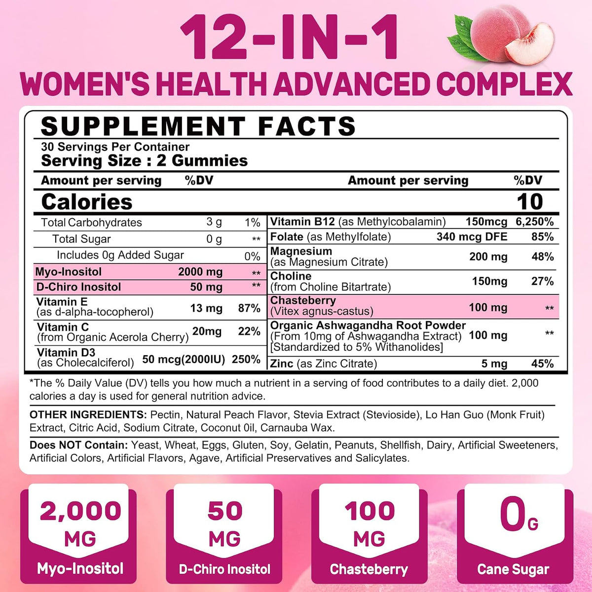 LILICARE Inositol Gummies for Women – 2000mg Myo-Inositol & 50mg D-Chiro Inositol 40:1 Ratio with Chasteberry, Methylated B12, Folate, Magnesium, Vitamin D3 – Sugar-Free, Vegan, Pack of 2 (120 Gummies) - görsel 2
