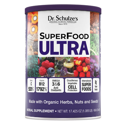 Dr. Schulze's SuperFood Ultra – Organic Superfood Powder with Vitamin B Complex and 520% Vitamin C, Vegan, Non-GMO & Gluten-free, 493 g