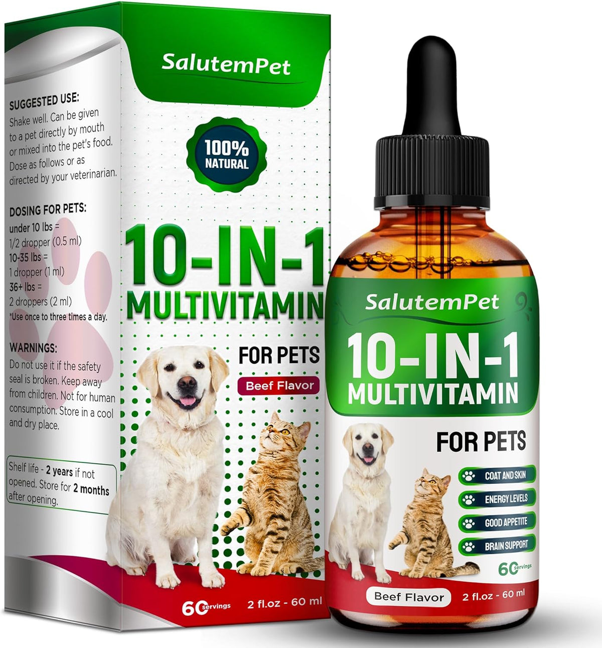 SalutemPet Liquid Multivitamin for Cats and Dogs - 10-in-1 Supplement with Vitamins C, D3, B Complex, Glucosamine, Cranberry - Beef Flavour - 60 ml - görsel 1