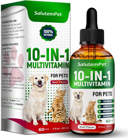 SalutemPet Liquid Multivitamin for Cats and Dogs - 10-in-1 Supplement with Vitamins C, D3, B Complex, Glucosamine, Cranberry - Beef Flavour - 60 ml