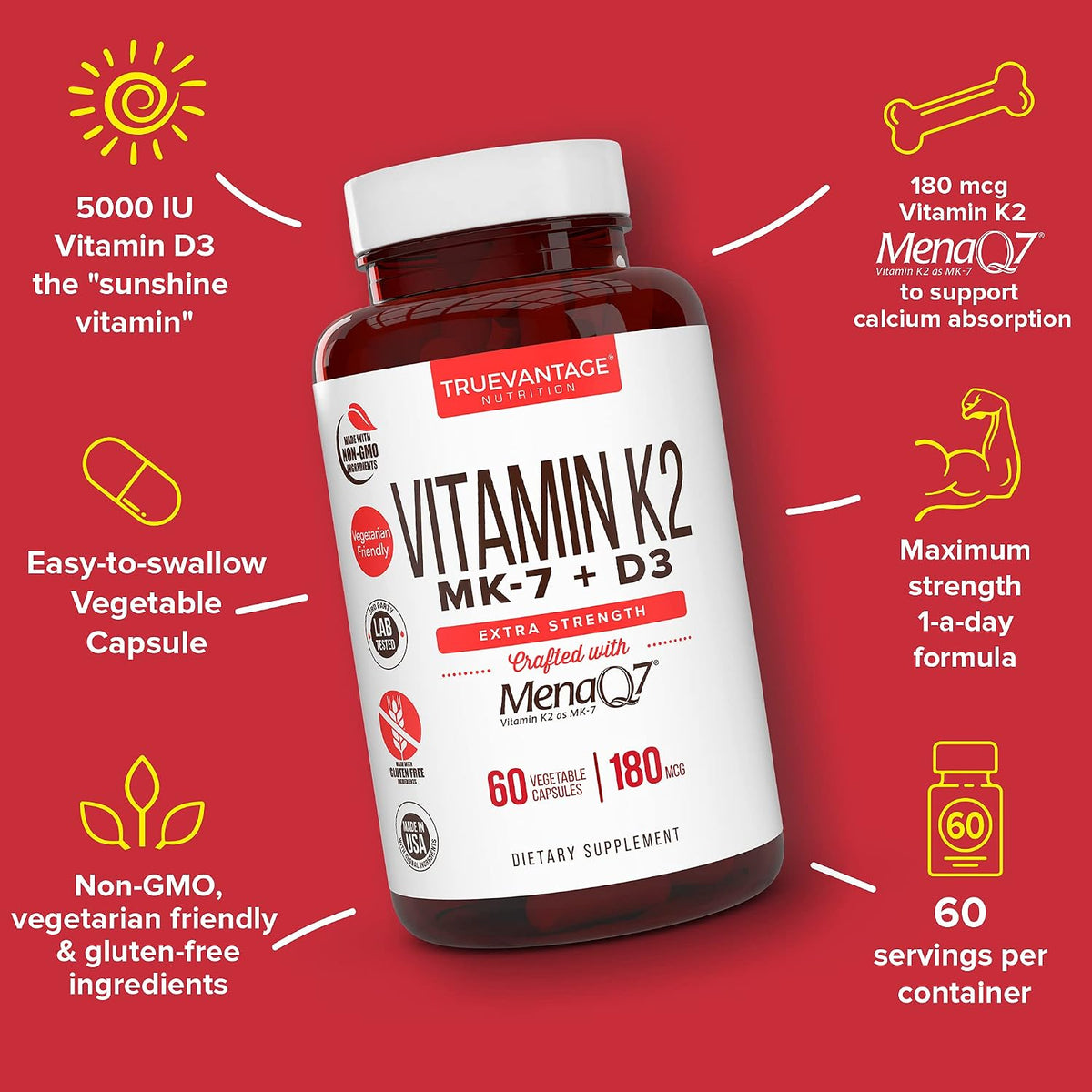 Vitamin D3 5000 IU with K2 MK7 180 mcg – MenaQ7 – 60 Vegetable Capsules - görsel 2