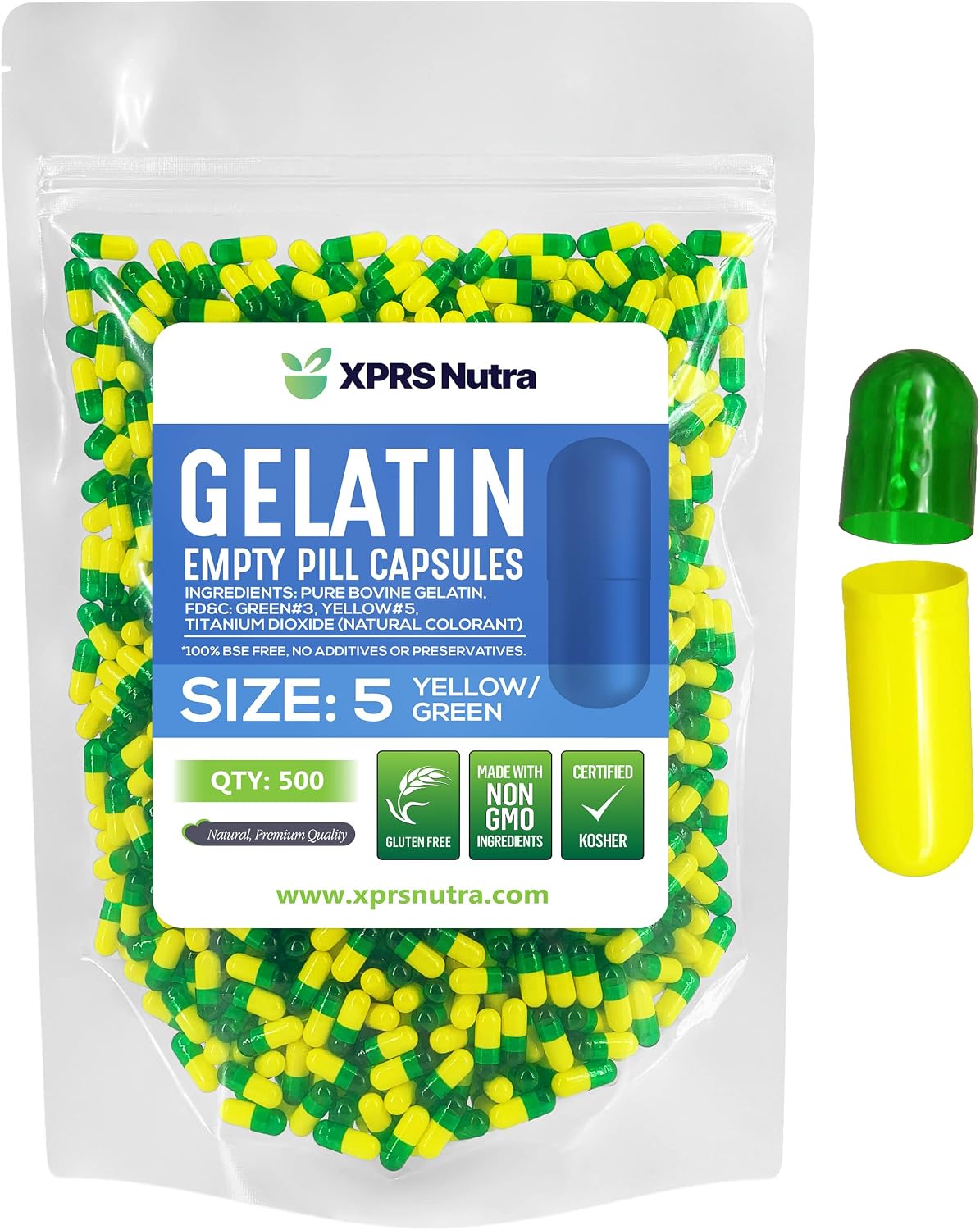 XPRS Nutra Size 5 Empty Gelatine Capsules - 500 Count - DIY Capsule Filling (Green/Yellow) - görsel 1