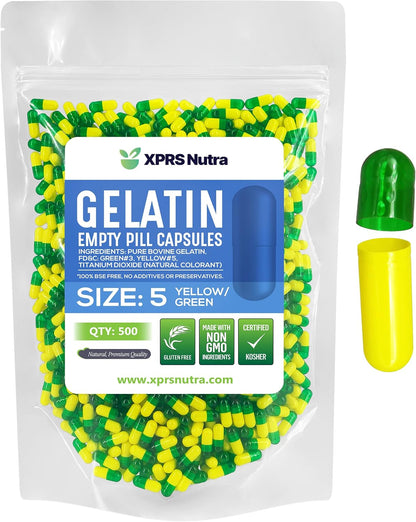 XPRS Nutra Size 5 Empty Gelatine Capsules - 500 Count - DIY Capsule Filling (Green/Yellow)