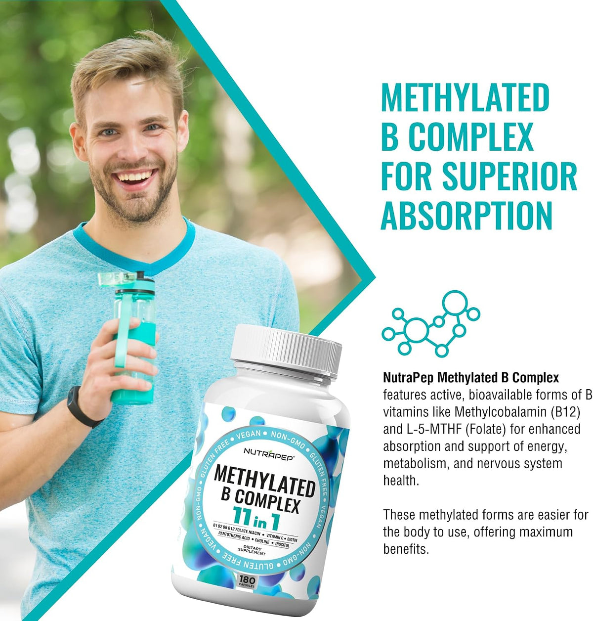 NutraPep Methylated B-Complex Vitamins - Complete Methyl B Complex Multivitamin with Bioactive B9 5-MTHF B6 B12 - MTHFR Support Supplement for Brain, Heart & Energy - Vegan, Gluten-free, Sugar Free - görsel 2