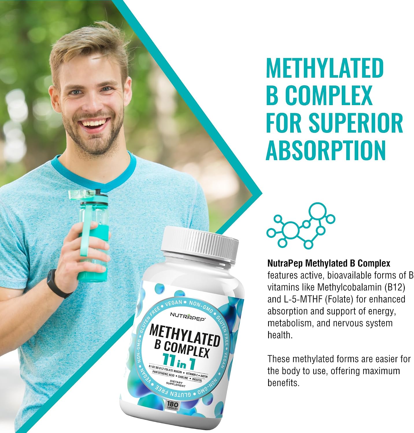 NutraPep Methylated B-Complex Vitamins - Complete Methyl B Complex Multivitamin with Bioactive B9 5-MTHF B6 B12 - MTHFR Support Supplement for Brain, Heart & Energy - Vegan, Gluten-free, Sugar Free - görsel 2