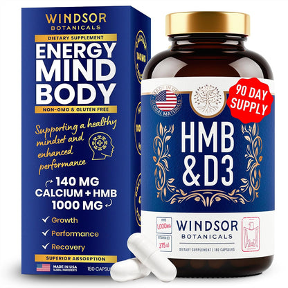 HMB and Vitamin D3 Supplement - Beta-Hydroxy Beta-Methylbutyrate 1,000 mg with Calcium and Vitamin D3 for Muscle Growth, Strength and Recovery - 180 Capsules (90 Days)