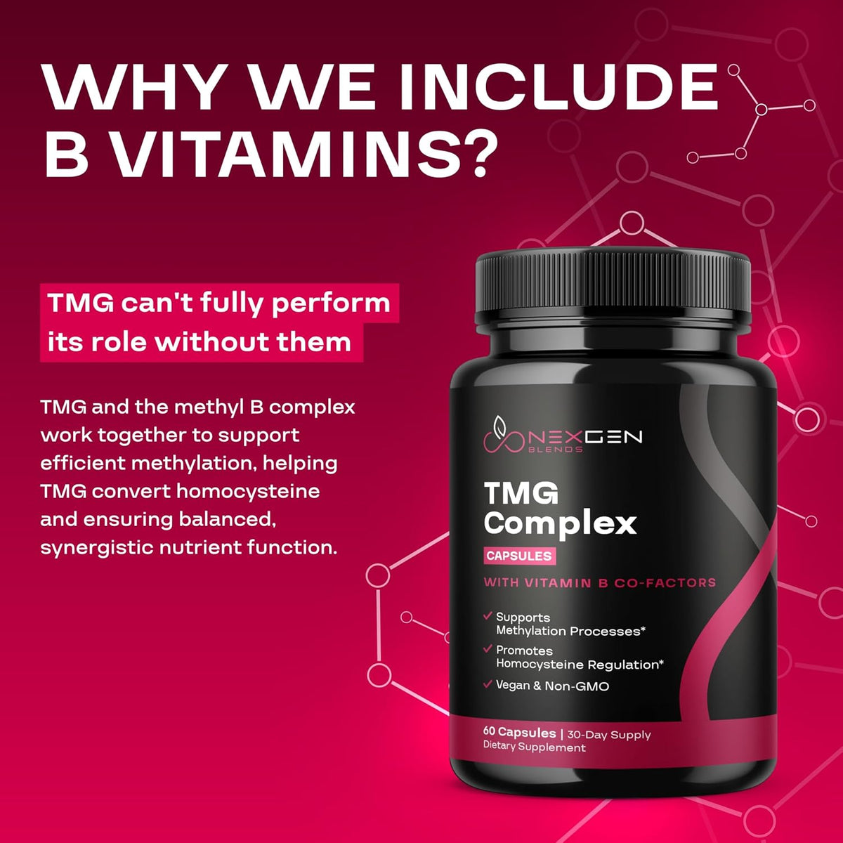 TMG Trimethylglycine Supplement with Methyl B Complex - 500mg Betaine TMG with Methylated B Vitamins for Homocysteine Support - Vegan & Non-GMO (1 Month Supply) - görsel 5