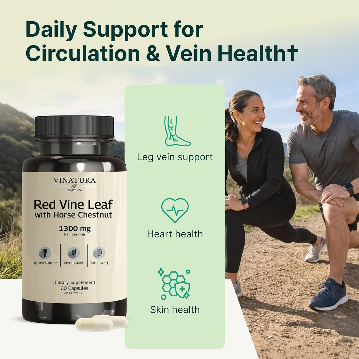 VINATURA Red Vine Leaf Extract with Horse Chestnut - 1300 mg per Serving for Vein and Circulation Support (60 Capsules) - görsel 3