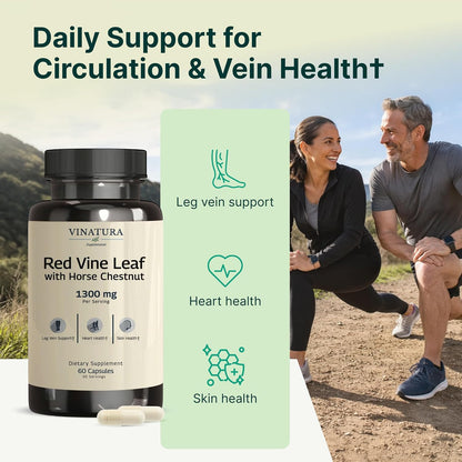 VINATURA Red Vine Leaf Extract with Horse Chestnut - 1300 mg per Serving for Vein and Circulation Support (60 Capsules)