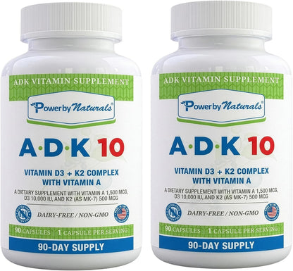 Power By Naturals ADK Vitamin Supplement – Vitamins A, D3 250 mcg & K2 MK-7 for Bone and Immune Health – 180 Capsules (6-Month Supply)
