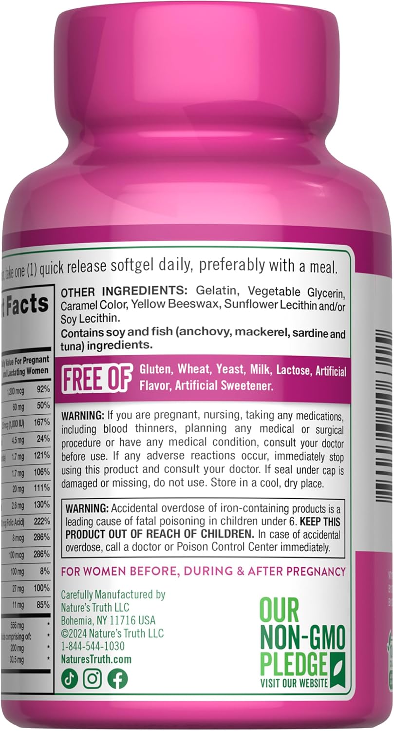 Nature's Truth Prenatal Food Supplement with DHA and Folic Acid – 60 Softgels – Image 7