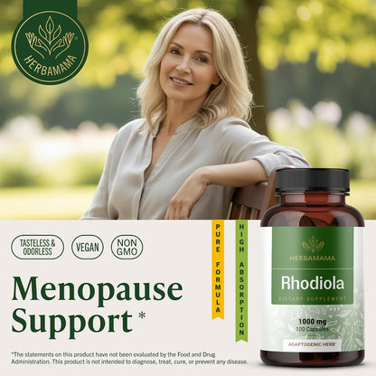 HERBAMAMA Rhodiola Rosea Supplement – Rhodiola Rosea Capsules for Stress Relief & Mental Focus Support – 100 Vegan Capsules (50 Servings)