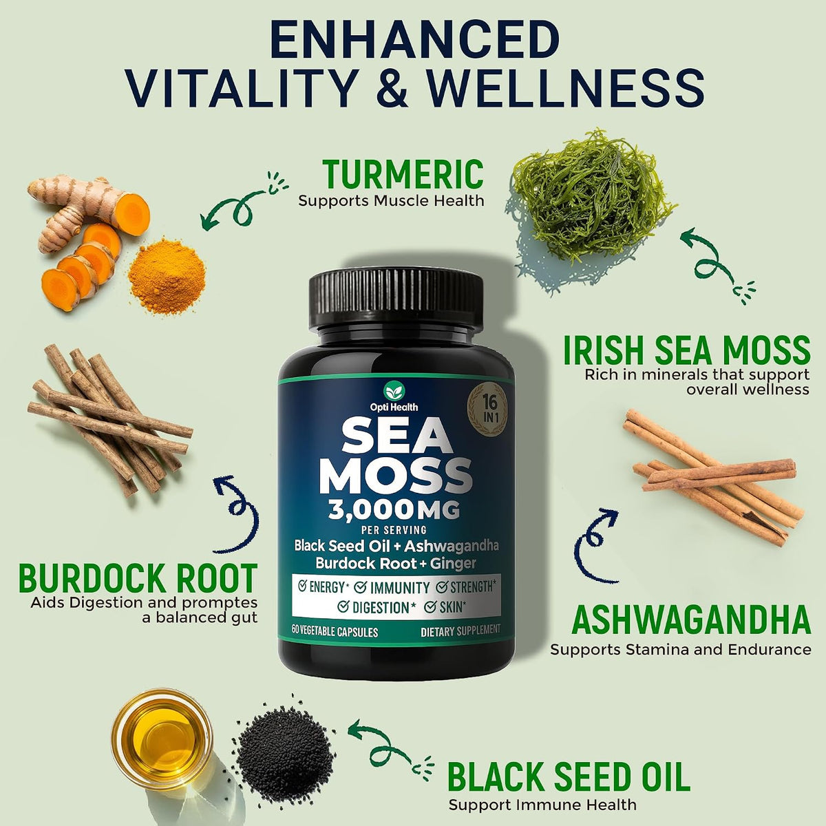 Sea Moss Black Seed Oil Ashwagandha Ginger - Advanced Irish Sea Moss Capsules All-in-One Supplement - görsel 2
