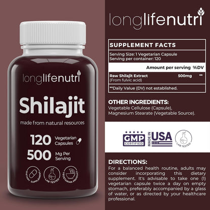 Shilajit Pure Himalayan Extract 500mg with 15% Fulvic Acid 500mg - 120 Vegetarian Capsules, 4 Month Supply, Organic Supplement for Vitality & Mental Clarity, Made in USA, Gluten-free, Non-GMO