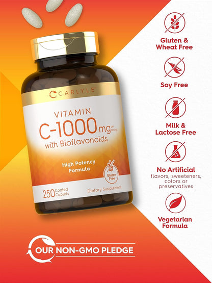 Carlyle Vitamin C 1000mg with Rose Hips and Citrus Bioflavonoids, 250 Tablets