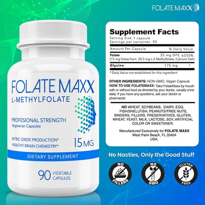 FolateMaxx L-Methylfolate 15mg, 90 Capsules – Active 5-MTHF Supplement for Mood, Energy and Focus