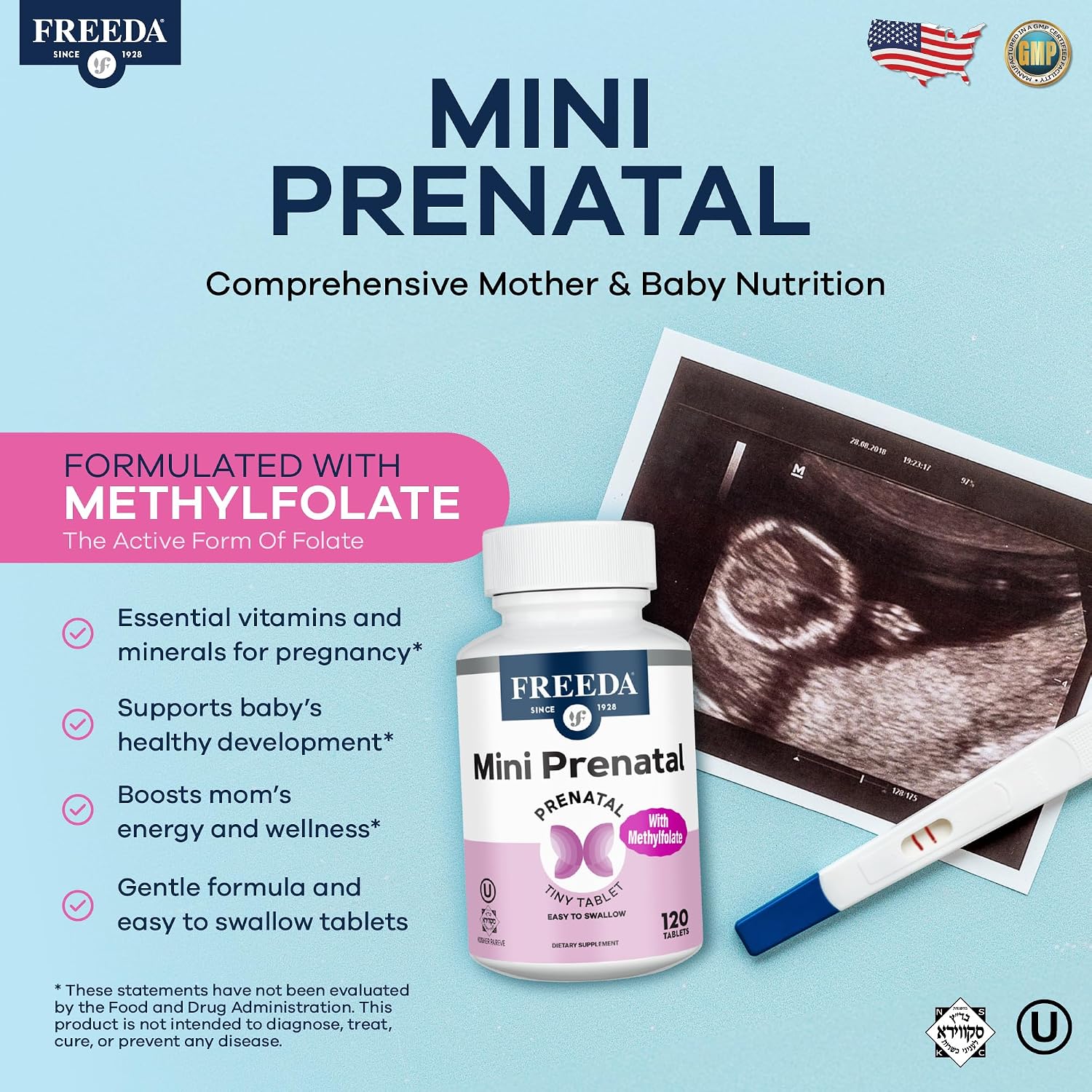 FREEDA Mini Prenatal Vitamin - Tiny Easy-to-Swallow Prenatal Multivitamin with Iron, Folic Acid, Vitamin D - Kosher, Vegan, 120 Tablets - görsel 2