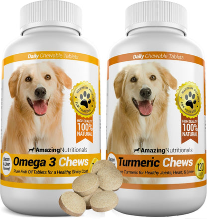 Amazing Combo Omega-3 Fish Oil and Turmeric Curcumin for Dogs – 120 Tasty Chews (2-Pack)
