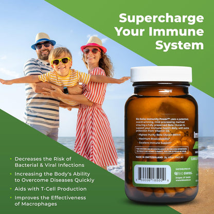 Bio Swiss Beta Glucan Immunity Power - 1,3D-1,6D Glucan with Vitamin D - Immune Support Supplement for Enhanced Defence and Wellness - Vegan, Gluten-Free (120 Capsules)