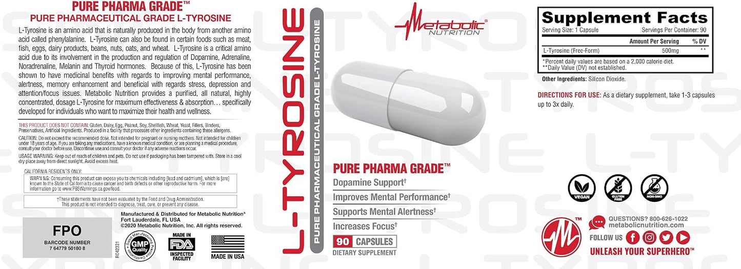Metabolic Nutrition L-Tyrosine, 500mg, 90 Capsules - görsel 3