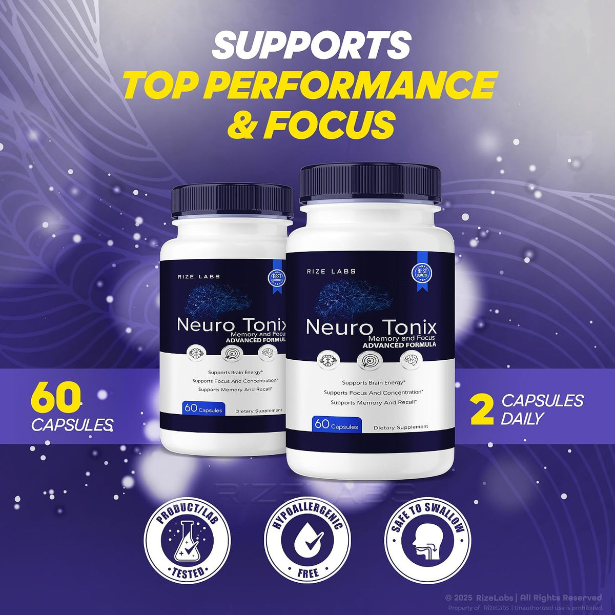 rize labs Neuro Tonix Capsules for Memory and Focus, Advanced Formula Boosts Concentration and Clears Brain Fog - Pack of Five (300 Capsules) - görsel 3