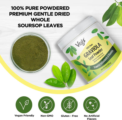 Vegs Organic Graviola Soursop Leaf Powder - Single Origin, True Green, 227 g