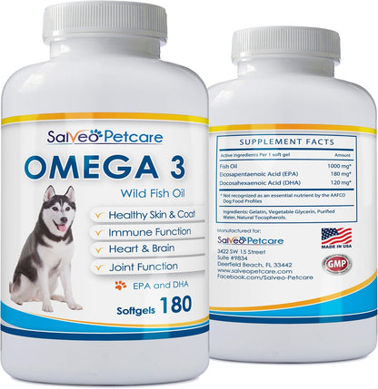 Omega 3 Fish Oil for Dogs – Natural Pet Supplement for Shiny Coat, Wild Caught, 180 Capsules