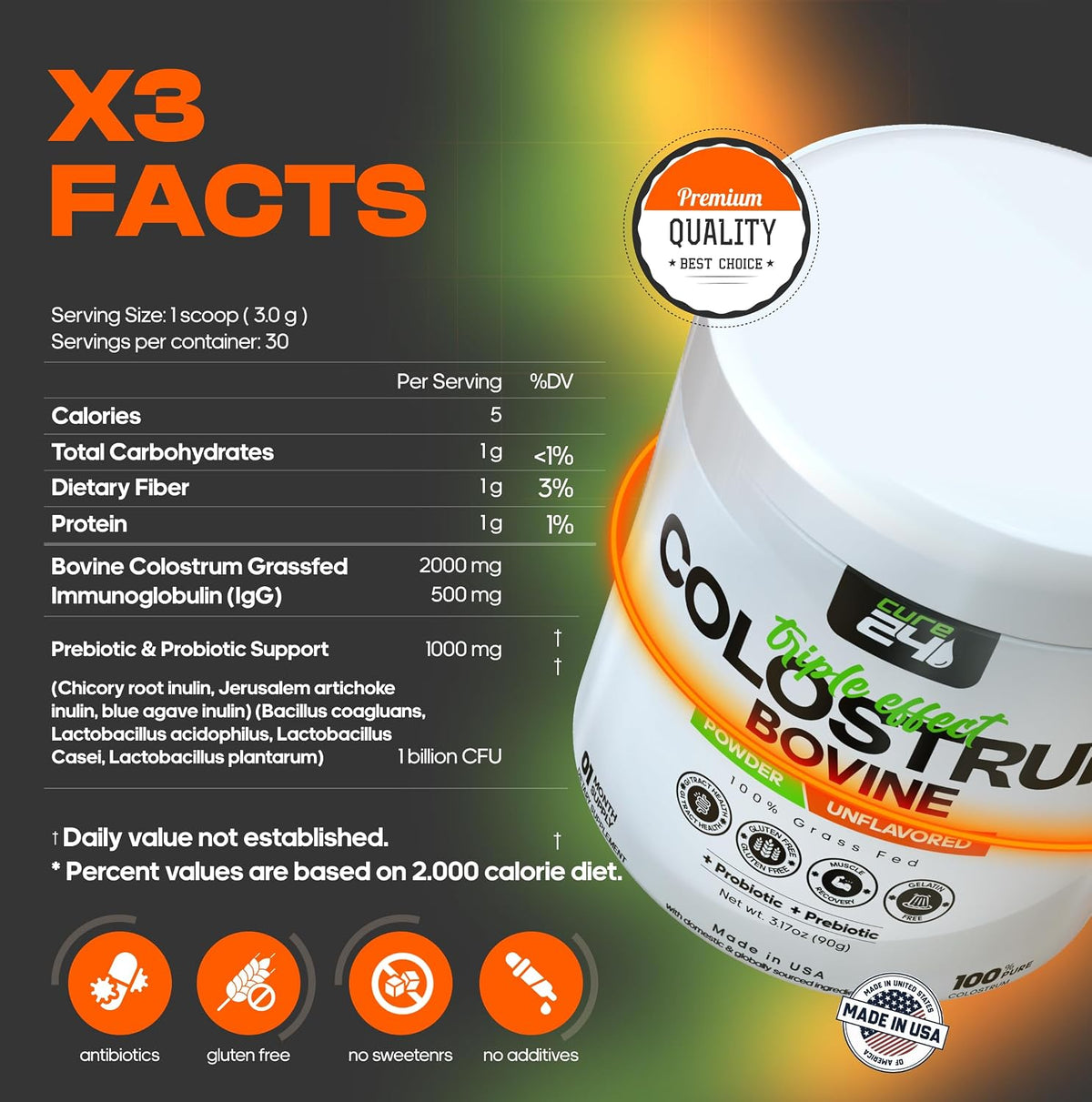 Cure24 Bovine Colostrum X3 Powder - Grass Fed, High IgG, Probiotic & Prebiotic, Unflavoured - görsel 2