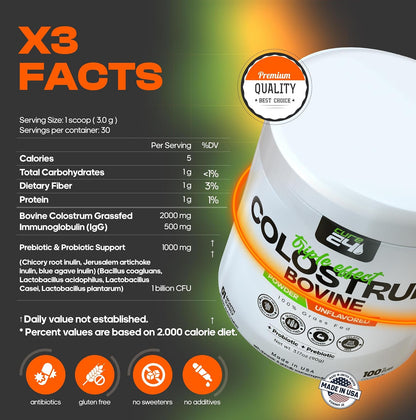 Cure24 Bovine Colostrum X3 Powder - Grass Fed, High IgG, Probiotic & Prebiotic, Unflavoured