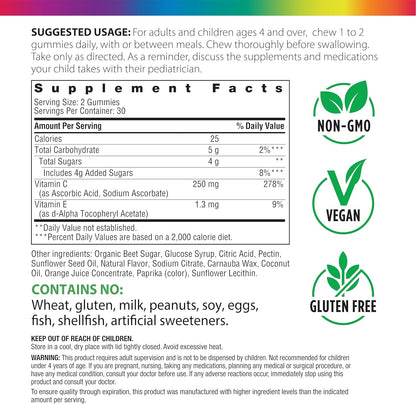 Rainbow Light Vitamin C Gummies – 60 Count – Citrus Flavoured – with Vitamin E – Immune & Antioxidant Support for Adults and Kids