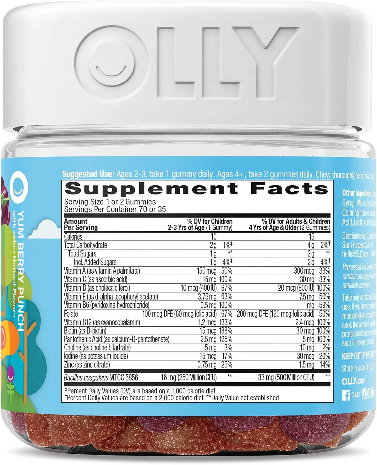 OLLY Kids Multivitamin + Probiotic Gummy, Vitamins A, C, D, E, B, Zinc, Probiotics, Chewable Supplement, Berry Flavour, 70 Count (3 Pack) - görsel 3