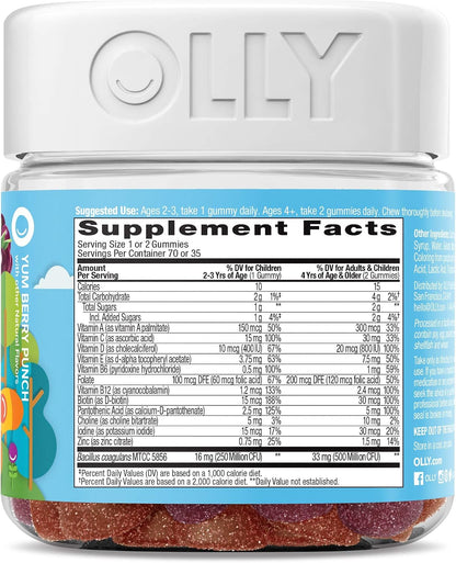 OLLY Kids Multivitamin + Probiotic Gummy, Vitamins A, C, D, E, B, Zinc, Probiotics, Chewable Supplement, Berry Flavour, 70 Count (3 Pack)
