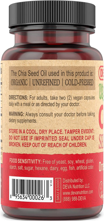 DEVA Vegan Chia Seed Oil – Organic Omega 3, 6 and 9 Fatty Acids, Cold-Pressed, 90 Vegan Capsules