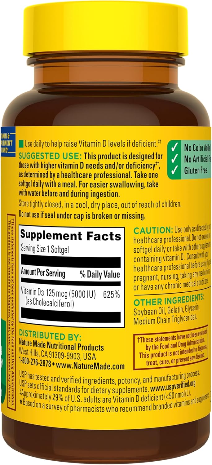 Nature Made Vitamin D3 5000 IU (125 mcg) Softgels, Extra Strength, 360 Count - görsel 8