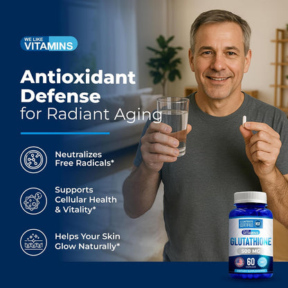 We Like Vitamins NSF Certified Glutathione Supplement 500mg - 60 Capsules of Reduced L-Glutathione for Antioxidant & Immune Support - Manufactured in the USA