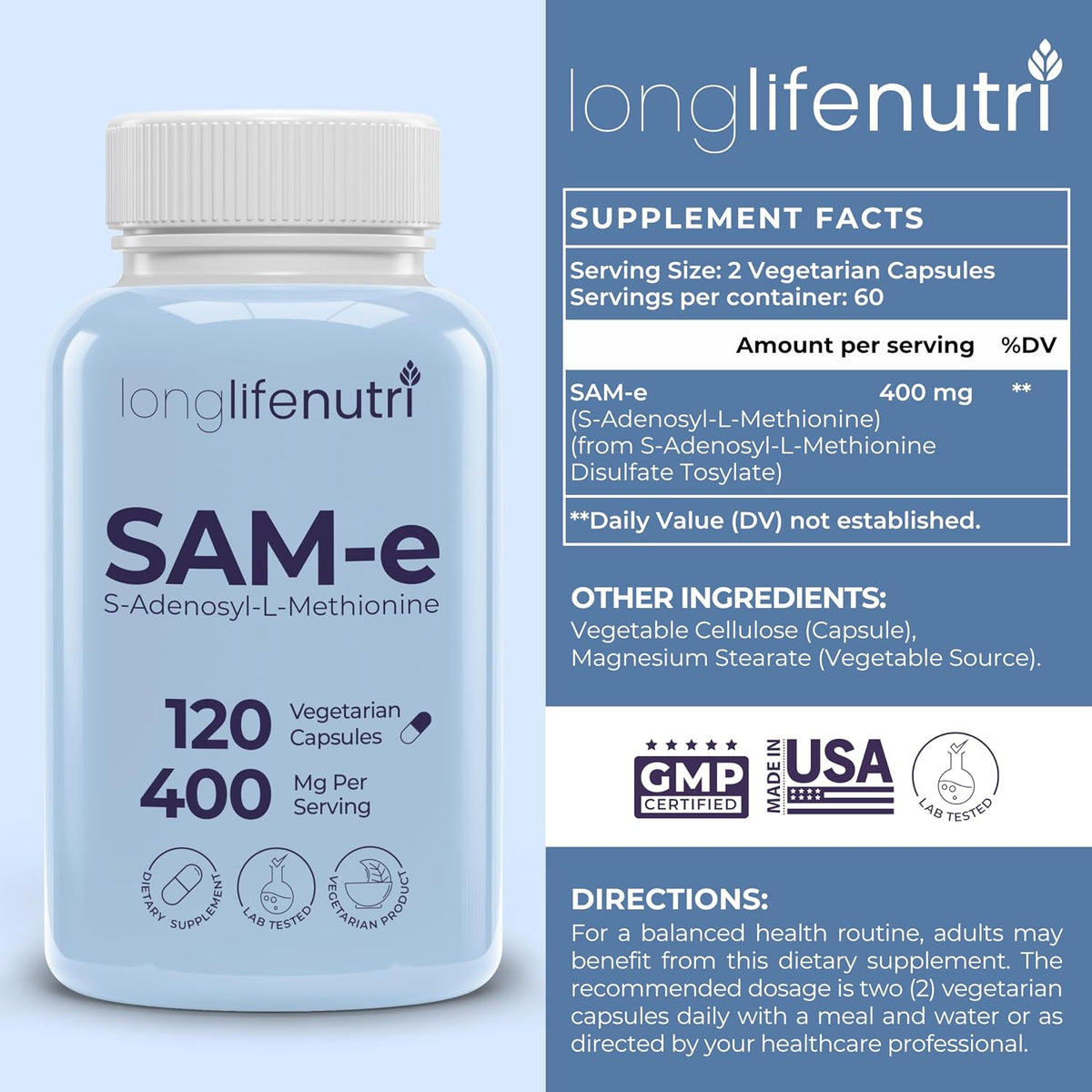 LongLifeNutri SAM-e 400mg – 120 Vegetarian Capsules - görsel 2