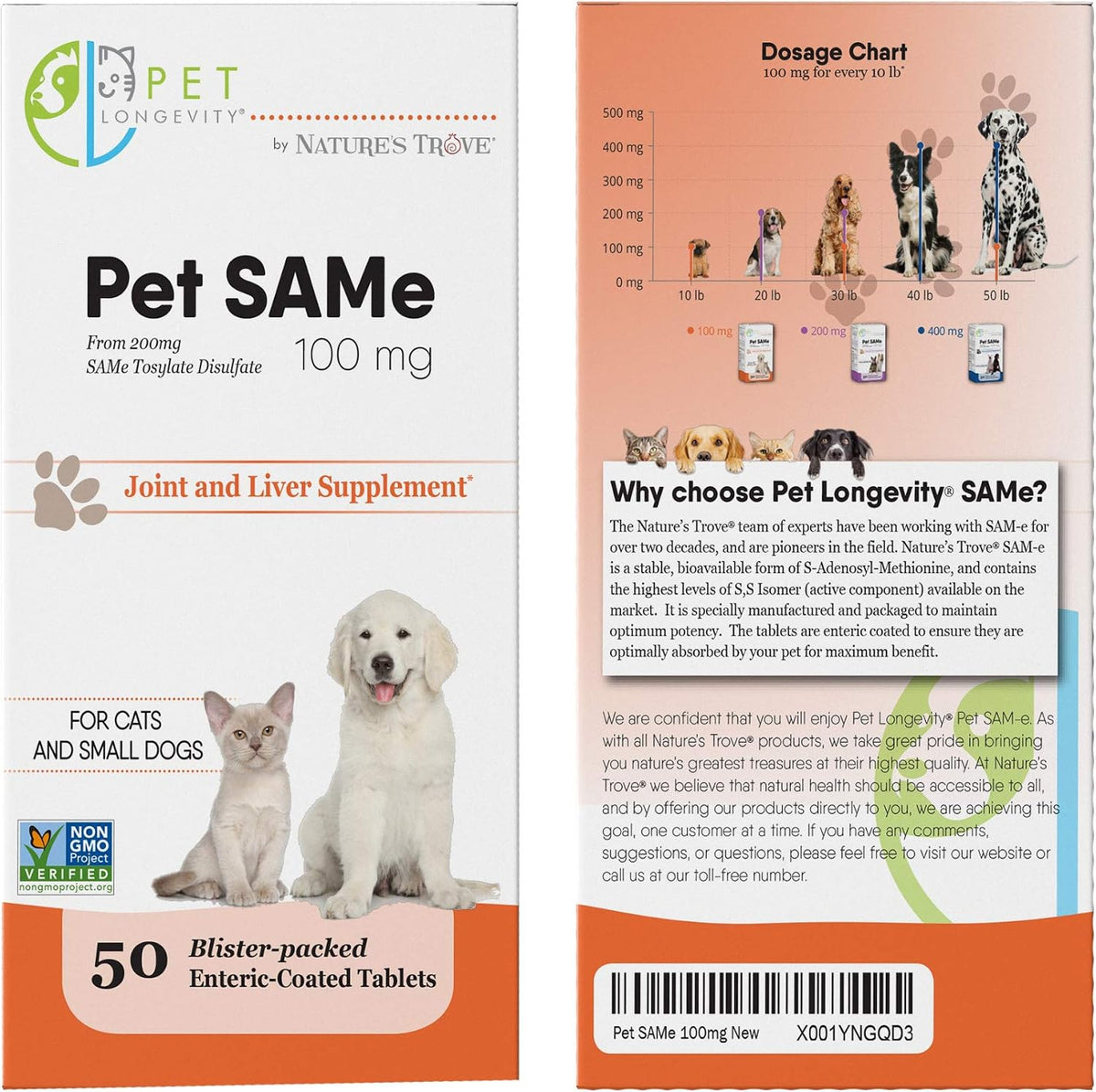 Pet Longevity SAM-e 100 mg – Liver and Joint Support for Cats & Small Dogs – 50 Enteric Coated Tablets - görsel 2