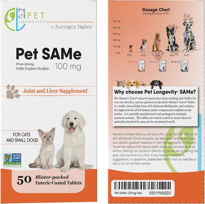 Pet Longevity SAM-e 100 mg – Liver and Joint Support for Cats & Small Dogs – 50 Enteric Coated Tablets