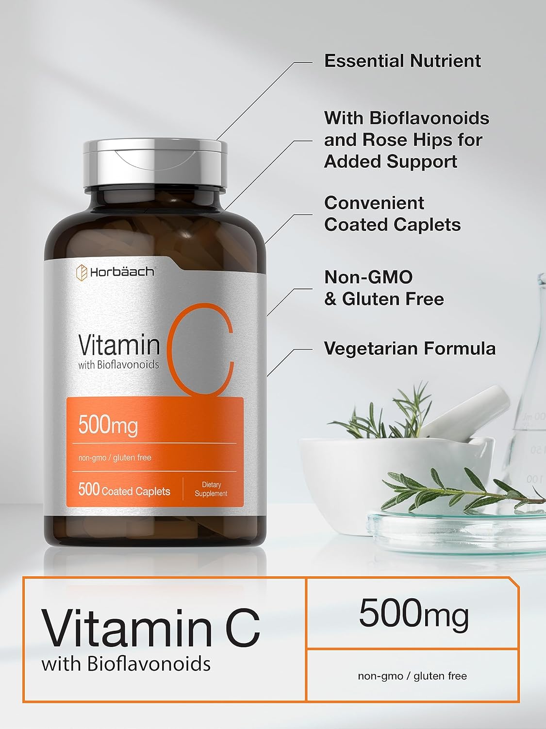 Horbäach Vitamin C 500mg | 500 Caplets | with Bioflavonoids and Rose Hips | Supplement for Women and Men | Vegetarian, Non-GMO, and Gluten-Free - görsel 3