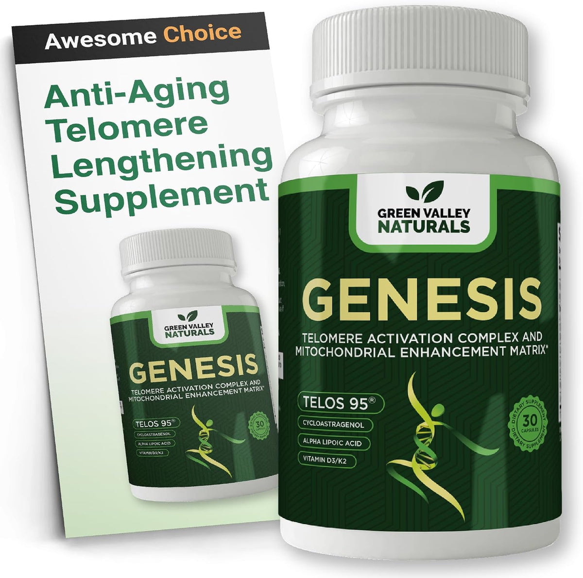 Genesis Telomere Length Supplement – Telos95® Astragalus Extract with CoQ10, D3, K2, ALA & Grape Seed | 30 Veg Capsules - görsel 1