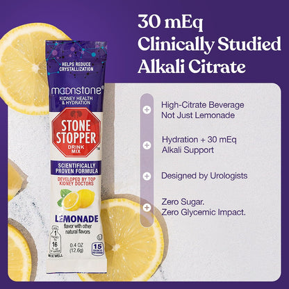 Stone Stopper Drink Mix, Lemonade-Flavoured - Kidney Stone Support Supplement with Alkali Citrate, Developed by Urologists, 15-Day Supply