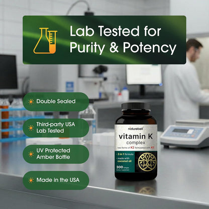 NatureBell Vitamin K Complex - 300 Softgels - 2600µg Full Spectrum K1 & K2 (MK-4 & MK-7)