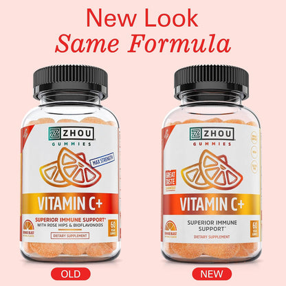 Zhou Vitamin C+ Gummies - 270 mg with Bioflavonoids, Rosehips & Acerola for Immune Support - 60 Vegan Gummies