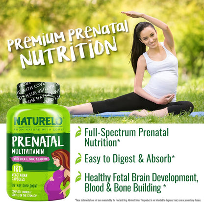 NATURELO Prenatal Multivitamin with Gentle Chelated Iron, Methylfolate, Plant Calcium and Choline - 180 Capsules